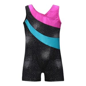 NWOT Girls Size 12 Sleeveless Leotard With Shorts Black & Hot Pink W/ Sparkles